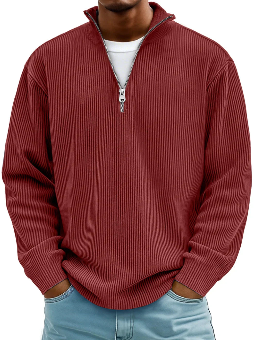 MAXIME | Pull Col Zippé Côtelé Marc