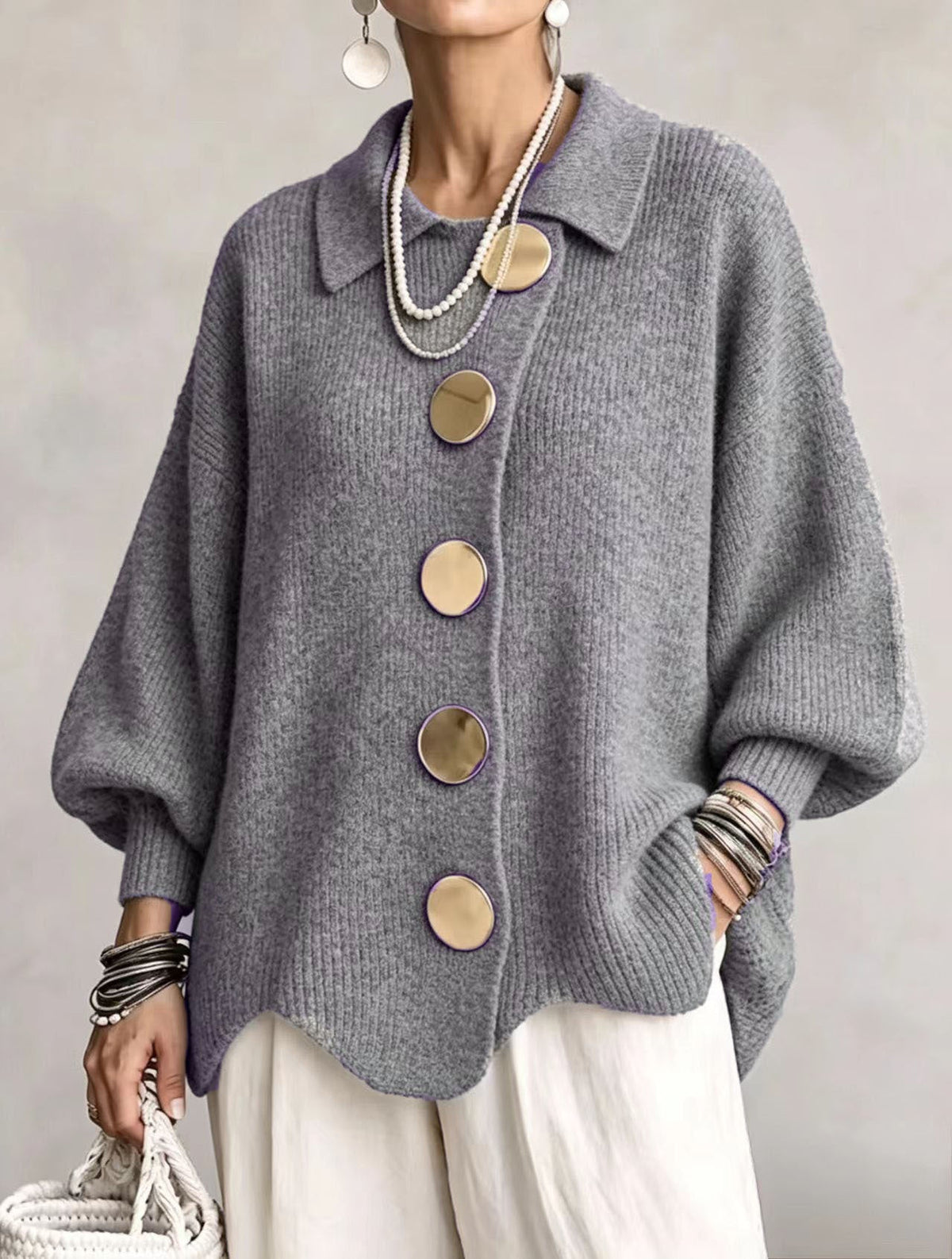 Isabelle | Cardigan Oversize à Col avec Gros Boutons Métalliques