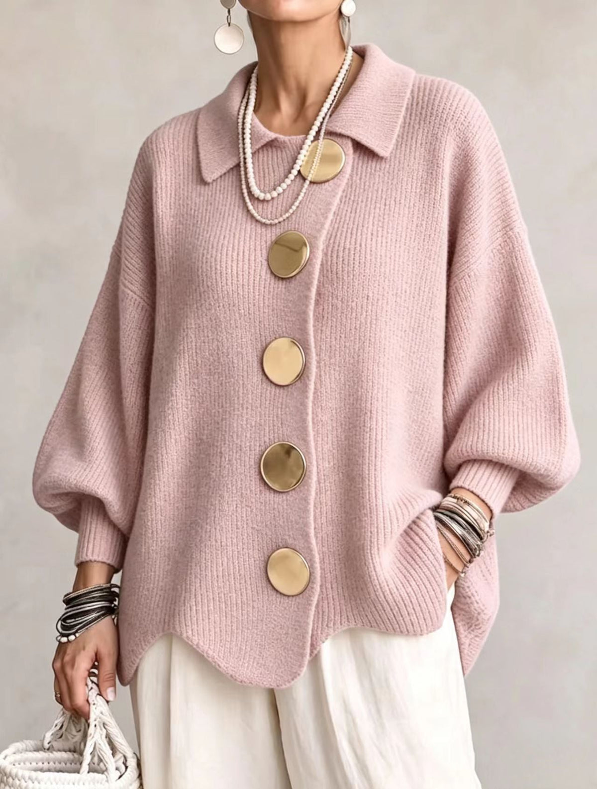 Isabelle | Cardigan Oversize à Col avec Gros Boutons Métalliques
