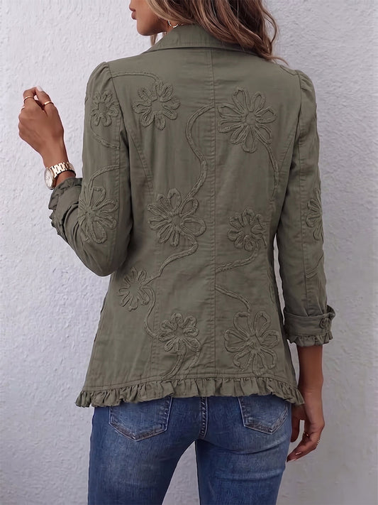 Alexandra | Veste Bohème-Chic Brodée de Fleurs Vert Rétro et Finitions Froncées