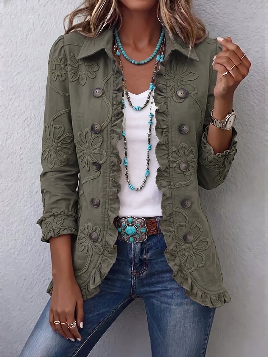 Alexandra | Veste Bohème-Chic Brodée de Fleurs Vert Rétro et Finitions Froncées